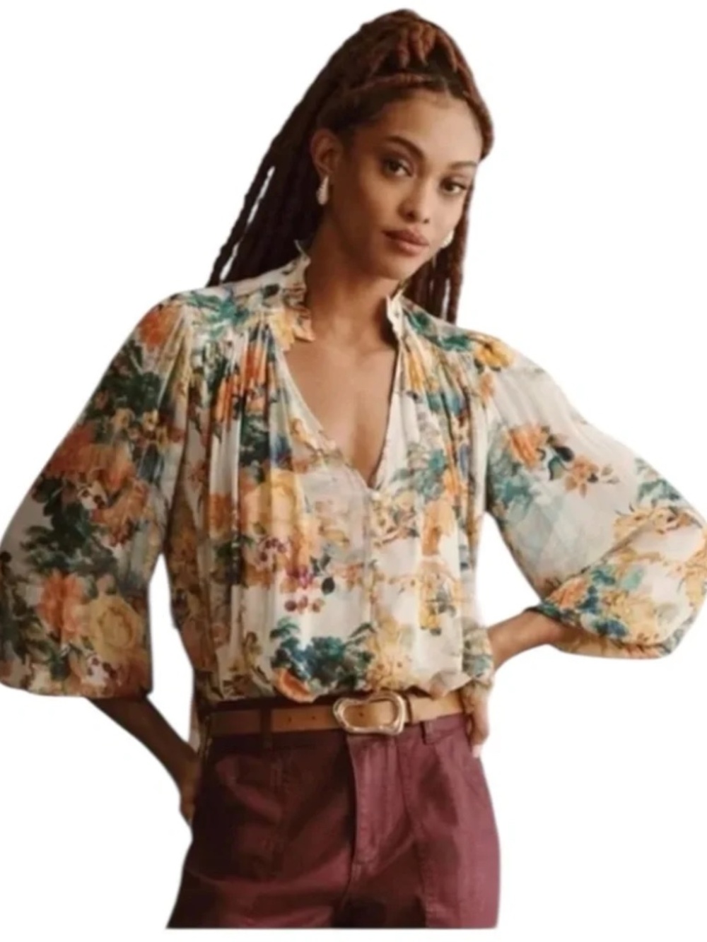 Anthropologie The Estela Sheer Printed Blouse Floral Small Petite